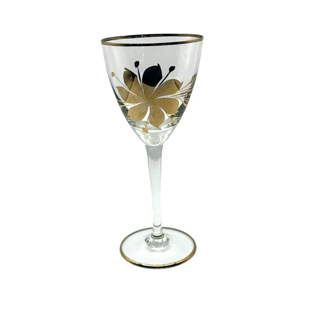 NOS PAINTED GOLD FLORA SMOKEY HUNGARY COLORED APERTIF/CORDIAL STEMMED GLASSWARE